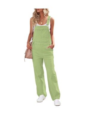 Light Green Womens Overalls Jeans - Casual Wide Leg Dungarees
